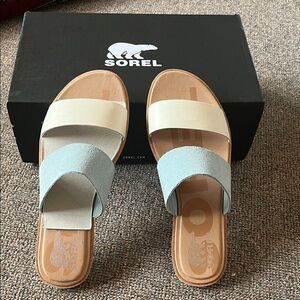 Sorel Ella Slide Sandal in Crushed Blue and Chalk